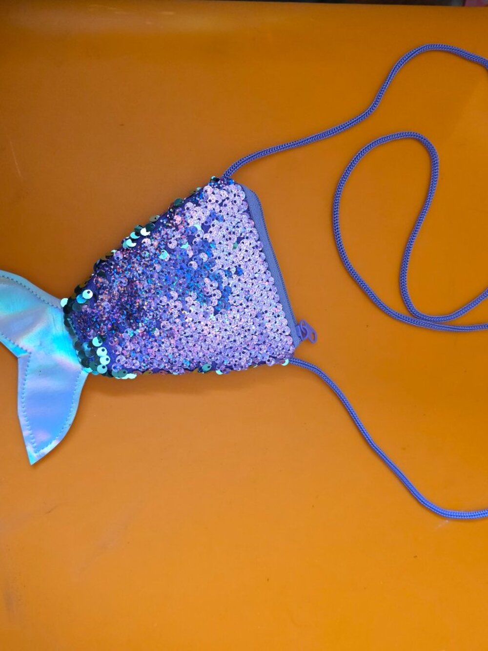purple fish tail coin purse with reflecting scales great for any kids